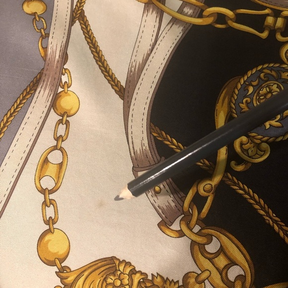 Silk Scarf - Gold Chains Tassels Filigree Design - Gray Black Cream Gold 34” - Picture 8 of 9